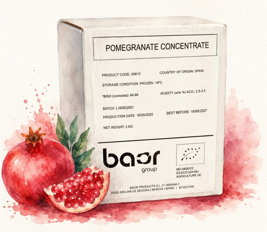 Pomegranate juice concentrate 65° Brix in 10 kg Bag-in-Box with Vitop tap – watercolor product illustration for industrial beverage and food applications.