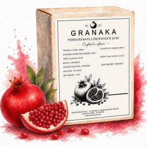 Premium pomegranate concentrate Bag-in-Box for food manufacturers – watercolor illustration