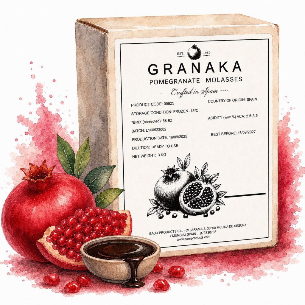 Premium pomegranate molasses Bag-in-Box for food manufacturers – watercolor illustration