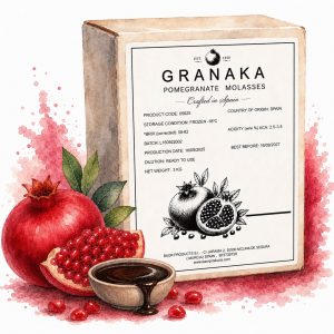 Premium pomegranate molasses Bag-in-Box for food manufacturers – watercolor illustration