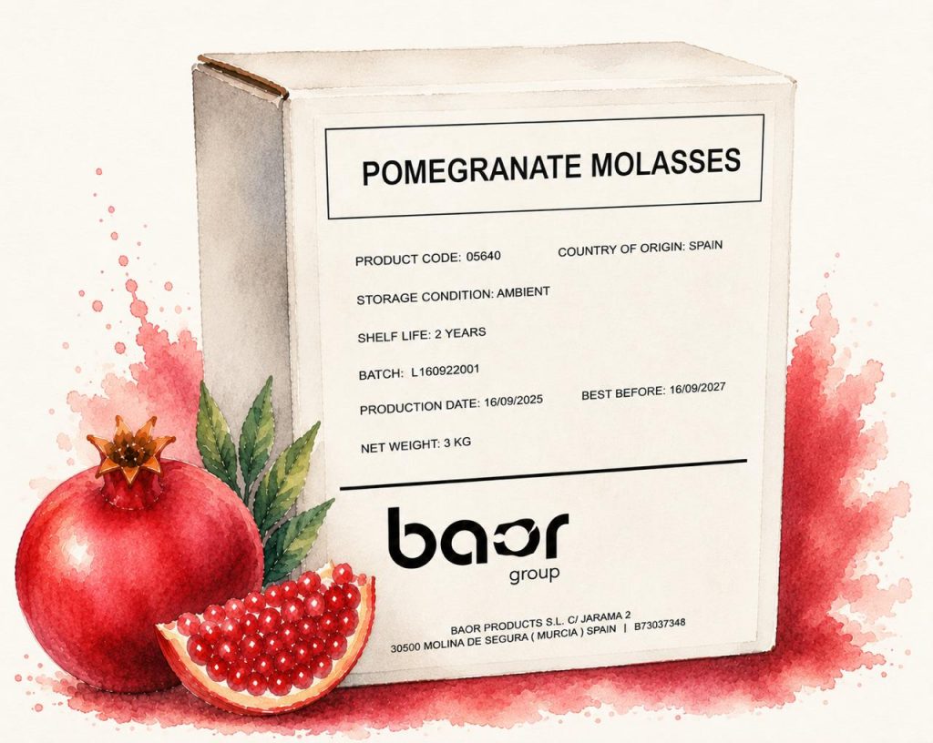 Premium pomegranate molasses Bag-in-Box for food manufacturers – watercolor illustration